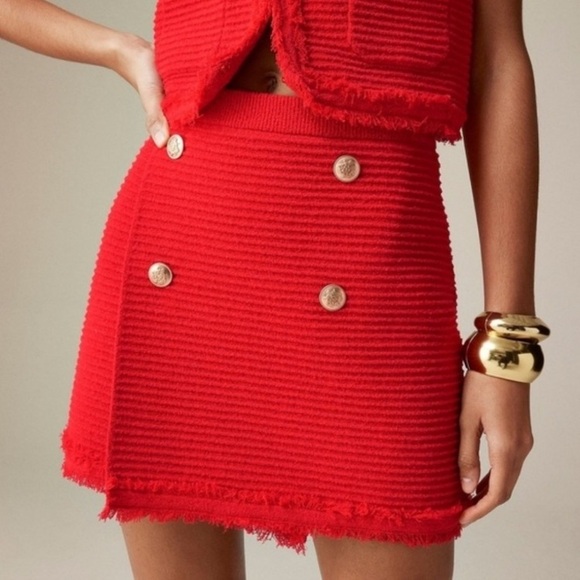 J. Crew Dresses & Skirts - NWT J. Crew Red Faux Wrap Stretch Sweater Gold Buttons Skirt Frayed Hem XL